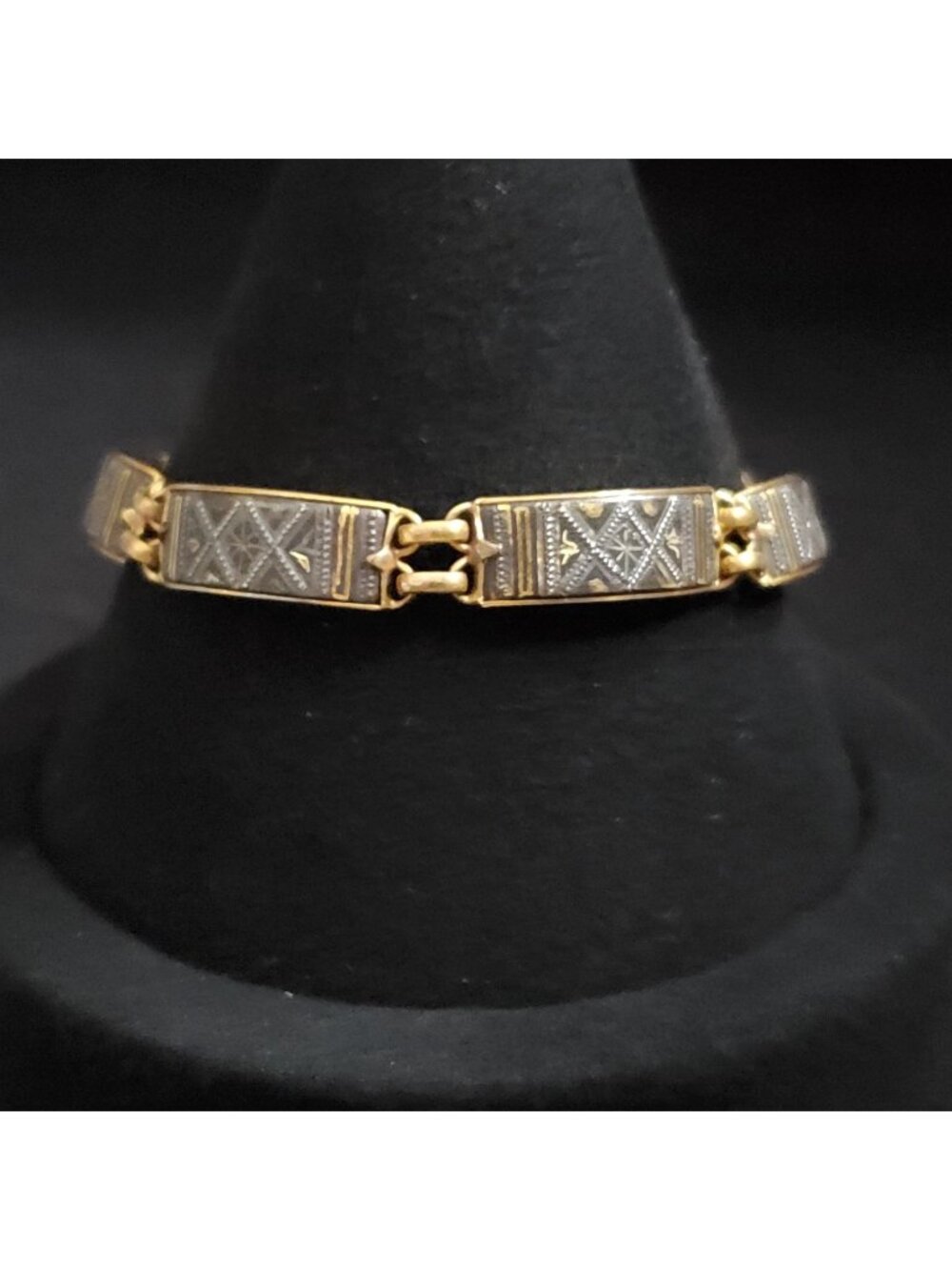 Vintage Damascene Bracelet Etched Gold Tone Paneled 6.5"